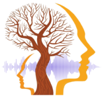 The TalkTracker app logo. This is two orange outlines of faces with a brown tree with branches in the middle that looks like a brain. There are purple sound waves behind the image.